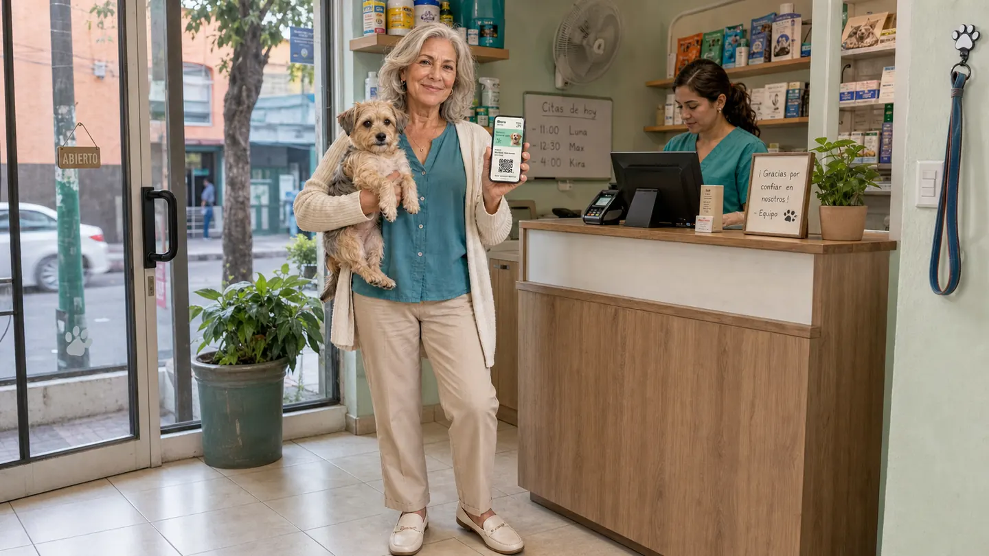 Una clienta con su perro en brazos muestra en su teléfono la tarjeta de lealtad en la recepción de una veterinaria